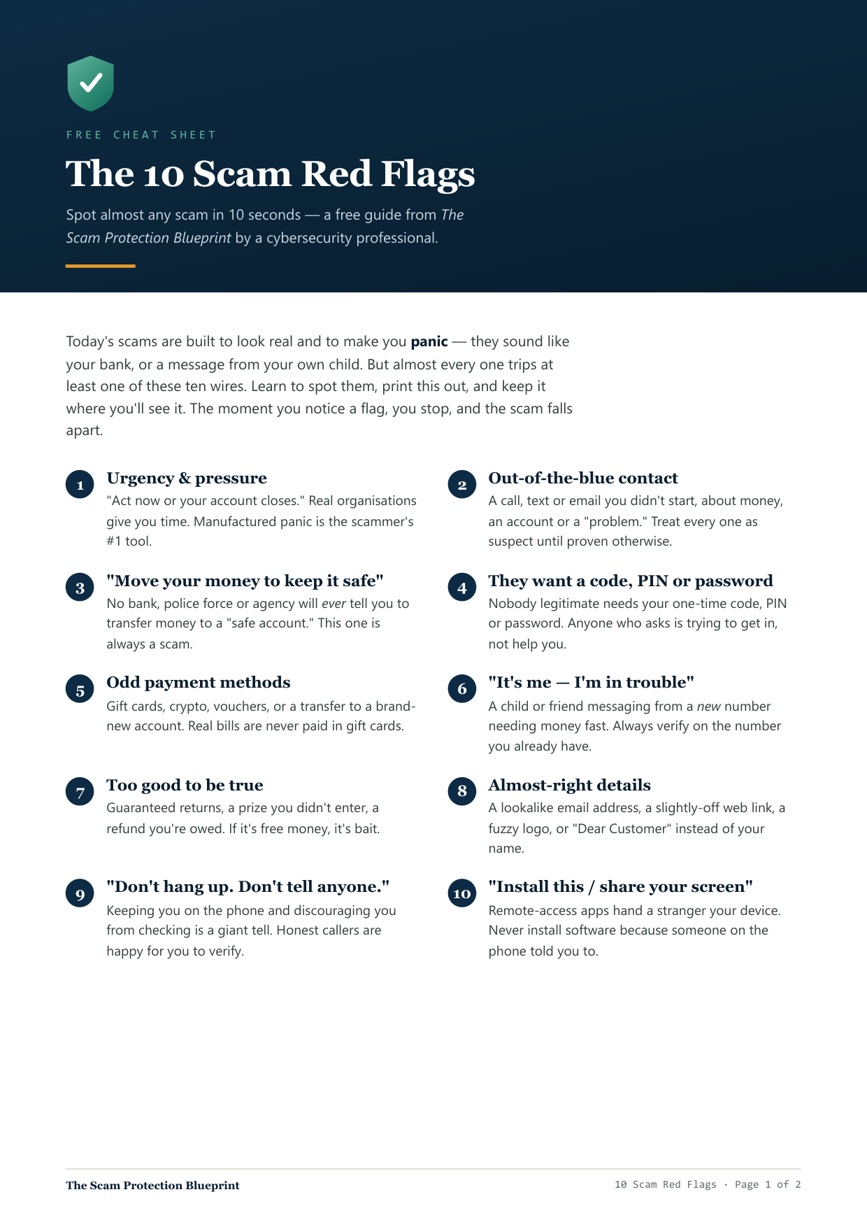The 10 Scam Red Flags cheat sheet preview